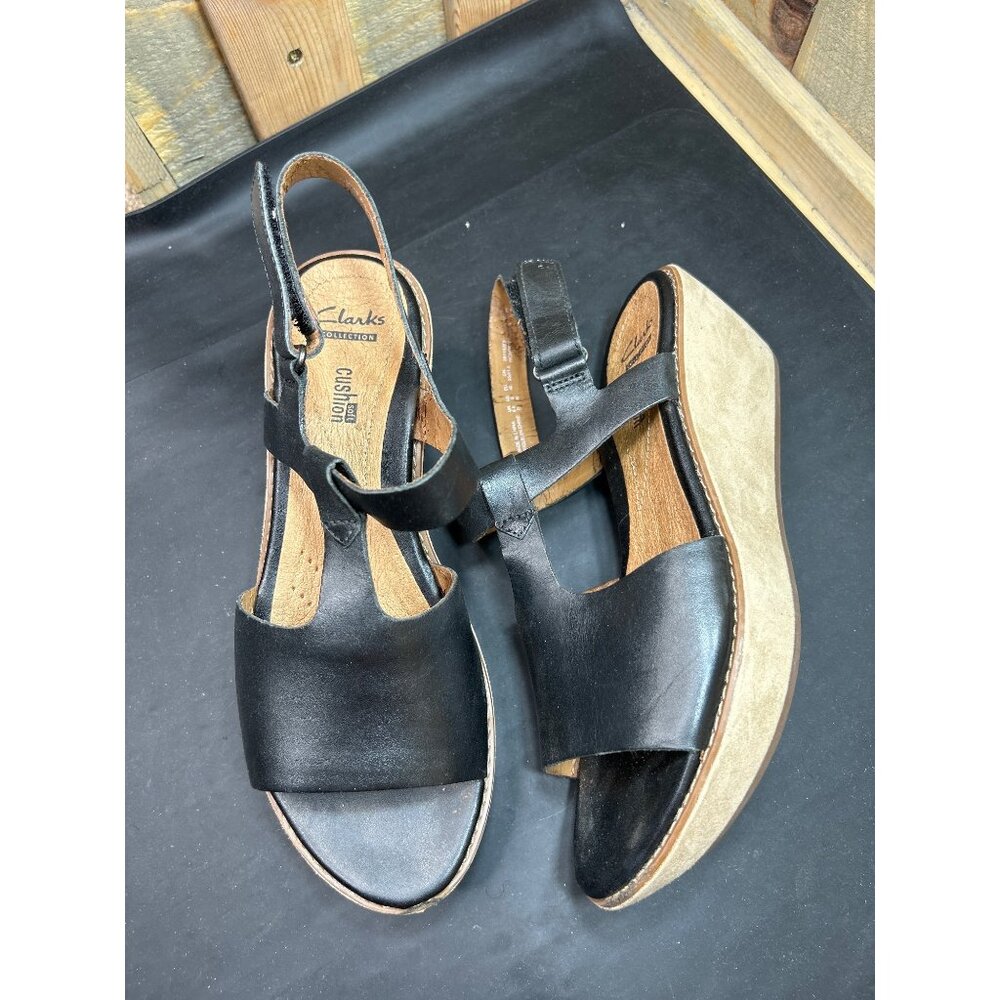 Clarks Womens Leather Black Wedge Sandals US 9 Comfortable Cushioned Sole